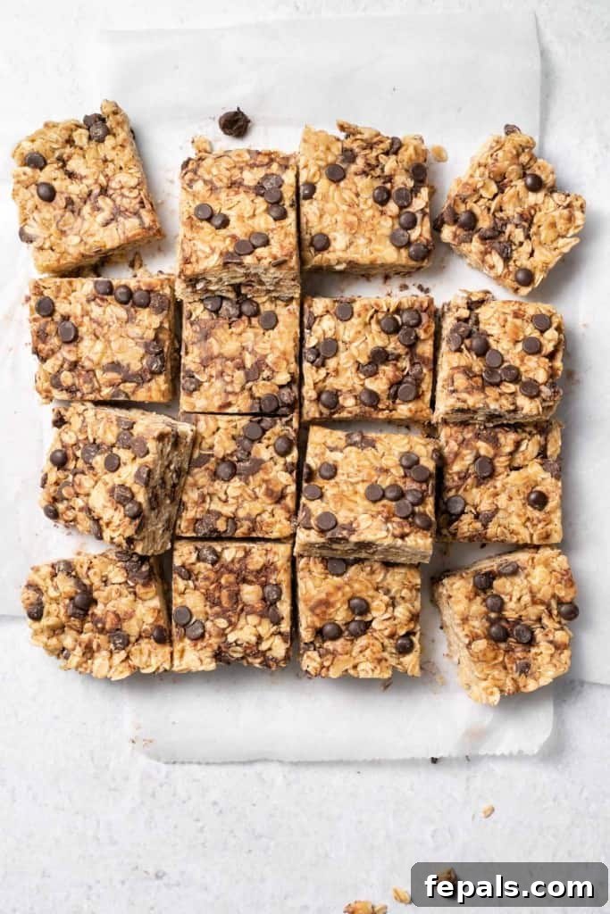 squares of oatmeal bars with chocolate chips, perfectly set and ready to eat.