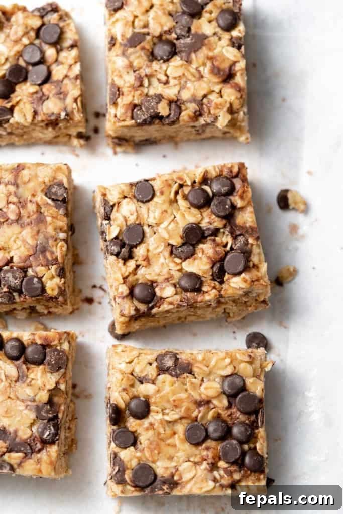 Chocolate chip oatmeal bars cut into squares, ready for enjoyment.