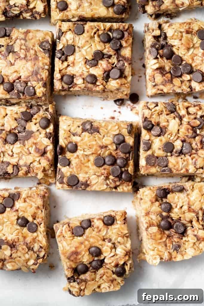 close up view of oatmeal bars that are square in shape with chocolate chips, showcasing the delicious texture.