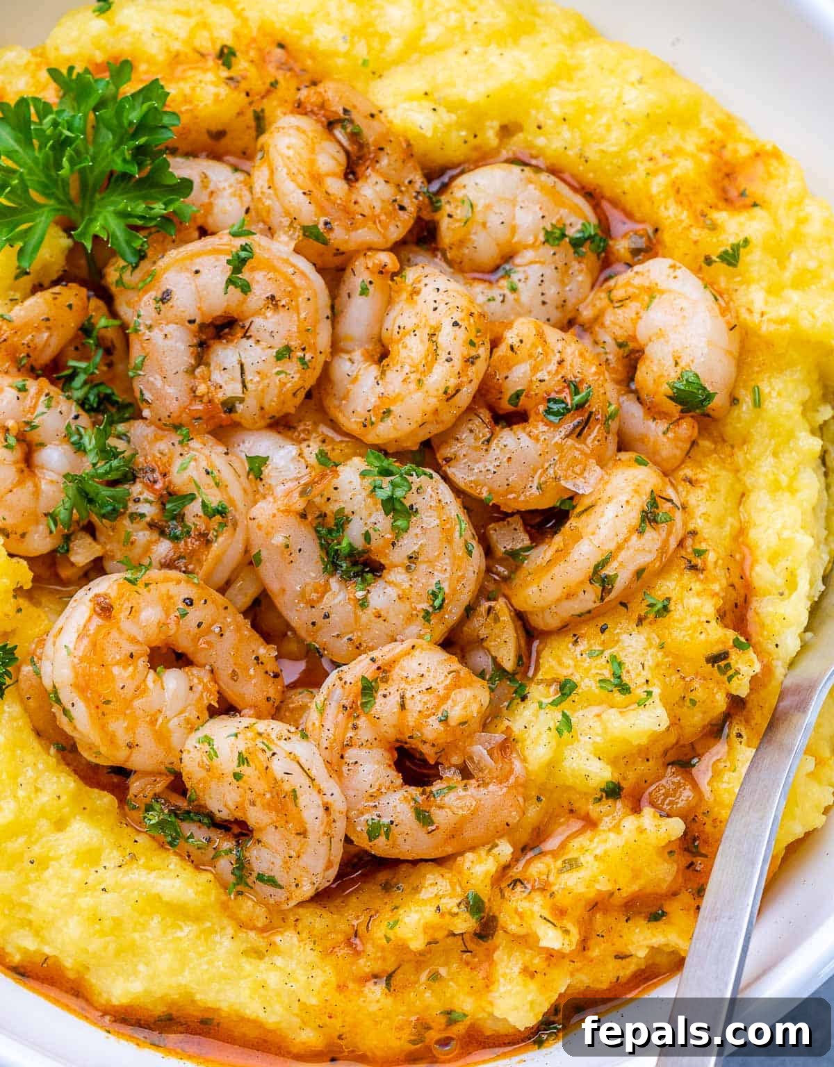 Golden Grits and Gulf Delights 12 Closeup view of Shrimp and Grits garnished with fresh parsley.