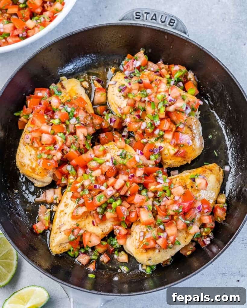 Zesty Salsa Fresca Chicken Bake 7 salsa fresca over seared chicken breast on a black skillet