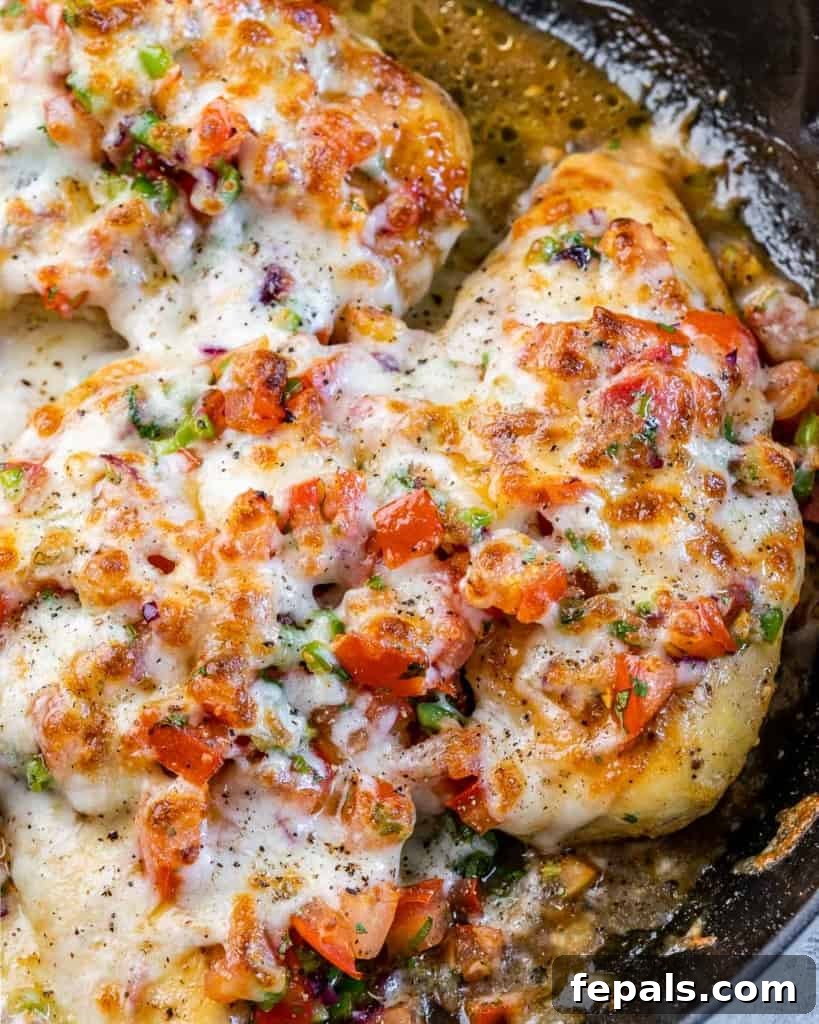Zesty Salsa Fresca Chicken Bake 9 close up baked chicken breast topped with salsa and melted cheese