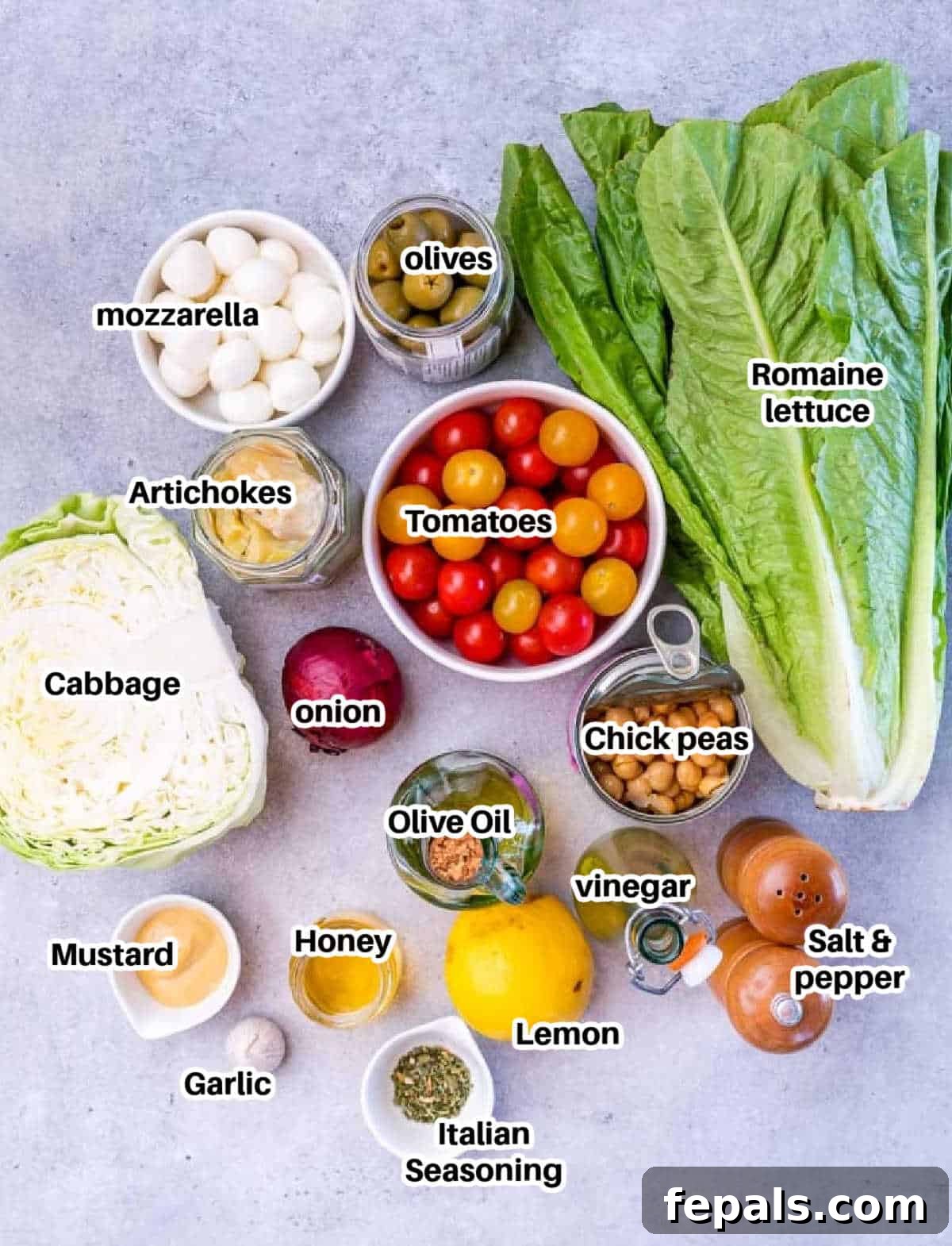 Zesty Italian Chop 4 A flat lay photograph of all fresh ingredients neatly laid out to make Italian chopped salad.