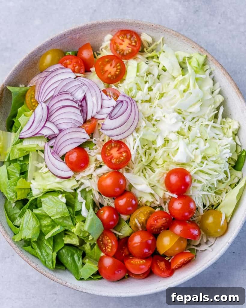 Zesty Italian Chop 5 sliced tomato, sliced onion, added over a bed of shredded cabbage and chopped lettuce for the salad base