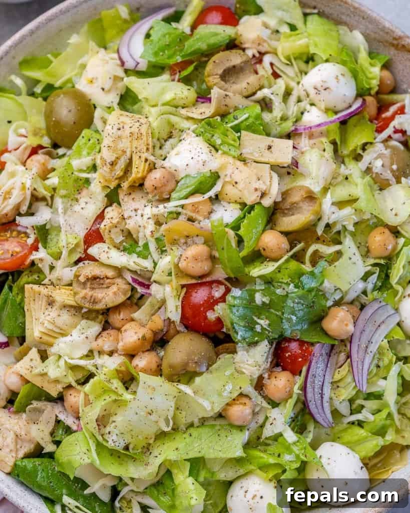 Zesty Italian Chop 8 top close up view of chopped salad, showcasing the delightful blend of textures and colors