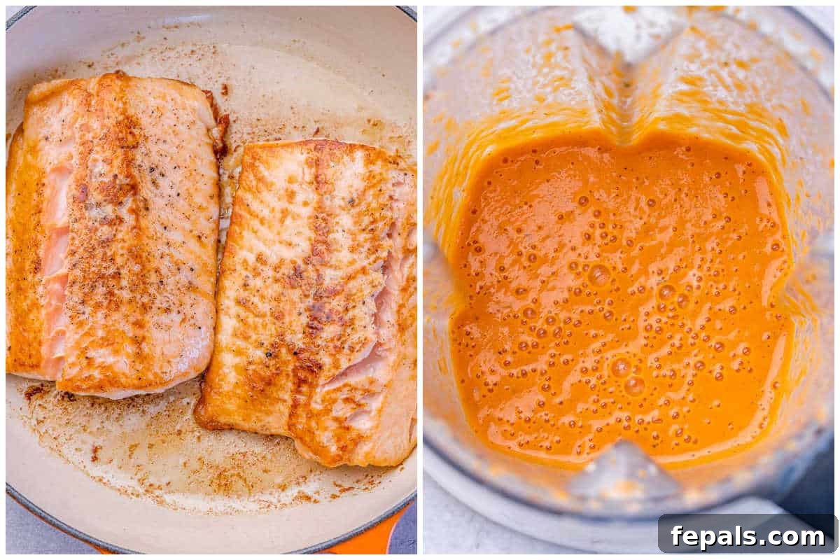 First process shot showing salmon searing in a skillet and sauce ingredients being blended in a food processor.