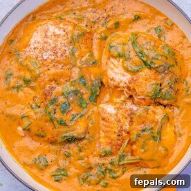 Salmon fillets covered in creamy spinach sauce, filling the skillet from edge to edge.