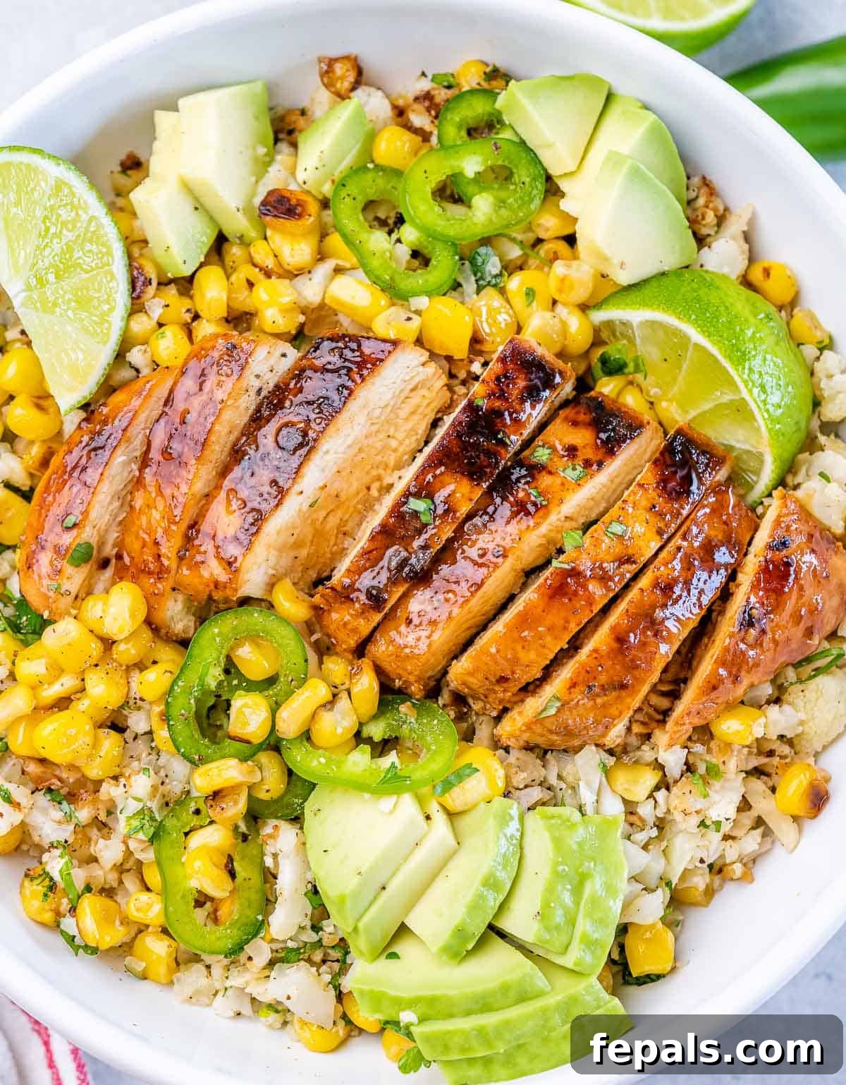 Smoky Chipotle Chicken Rice Bowl 3 Closeup view of sliced, seared chicken served over cauliflower rice and corn in a bowl.