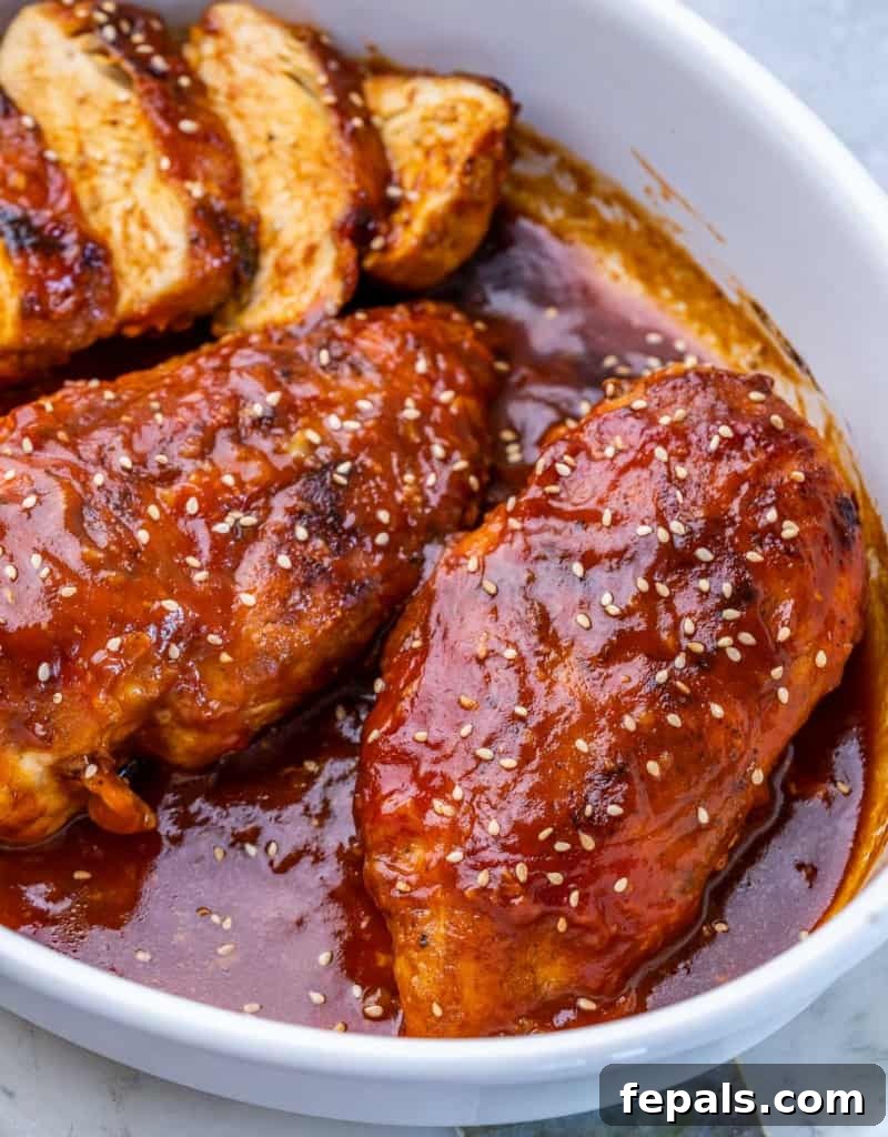 Sticky Honey Sriracha Chicken 3 Side shot of baked chicken breast that's orange in color and topped with sesame seeds in a white dish, ready to serve.