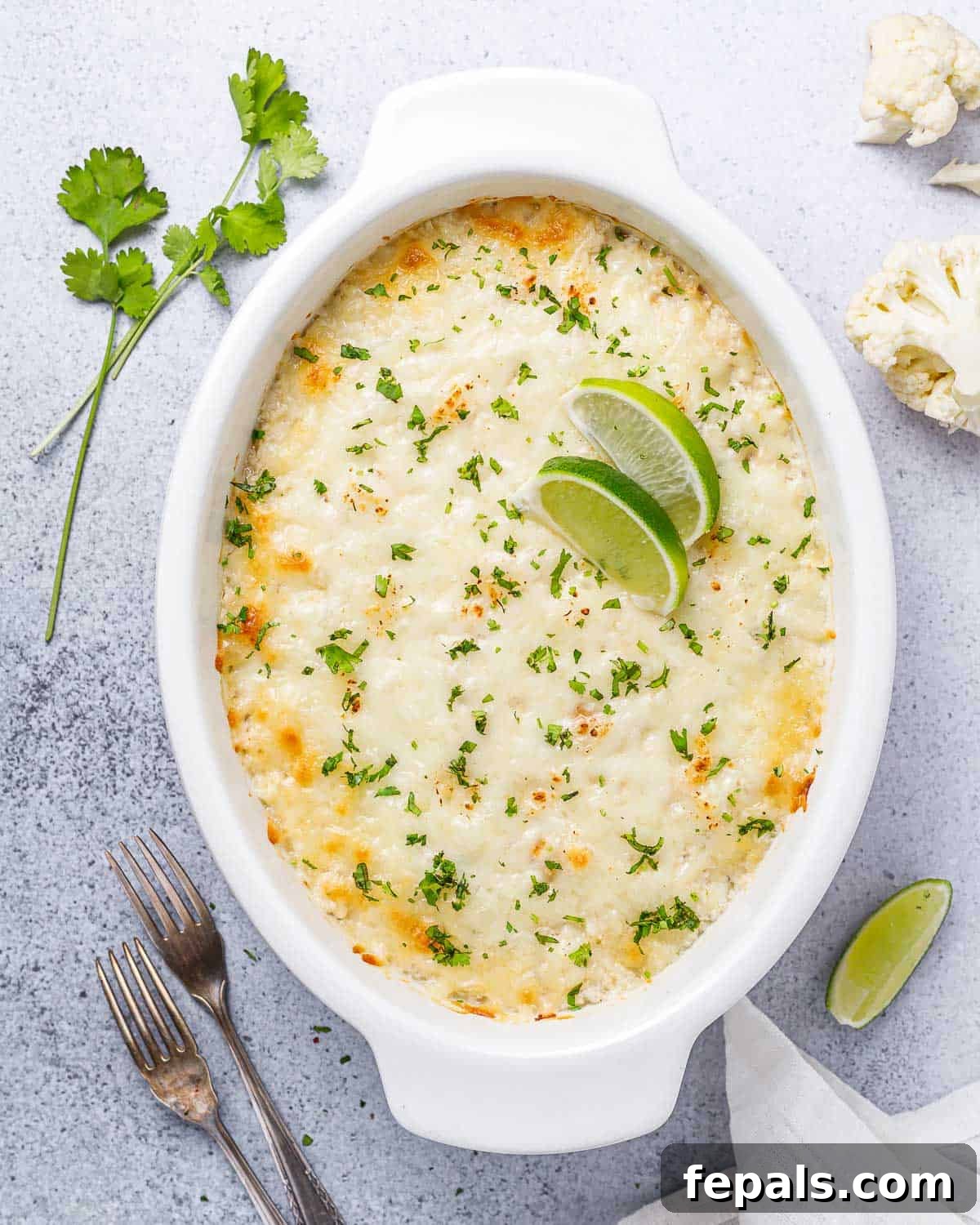 Top view of a white baking dish showcasing a cheesy chicken and cauliflower rice casserole, topped with melted golden cheese and fresh cilantro.