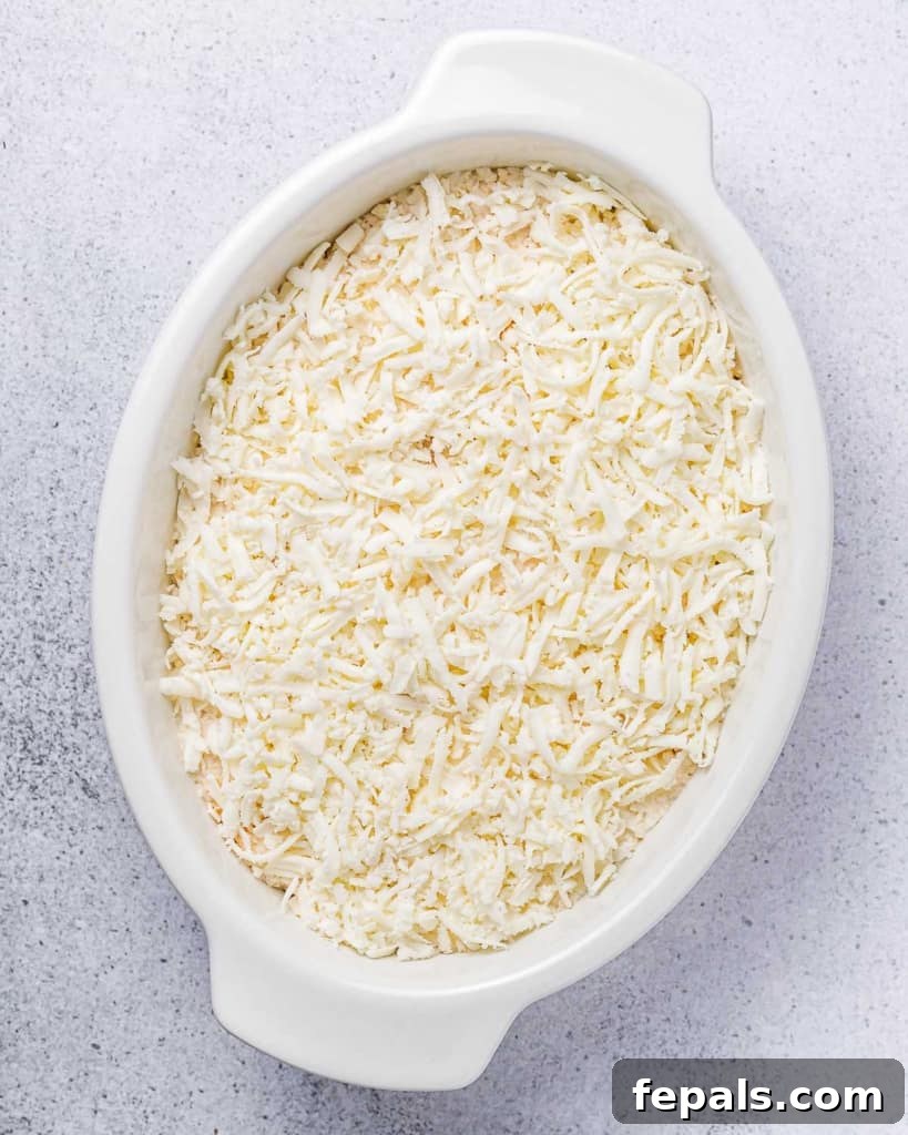 A vibrant display of mozzarella cheese generously covering the chicken and rice casserole mixture in a white dish, ready for baking.