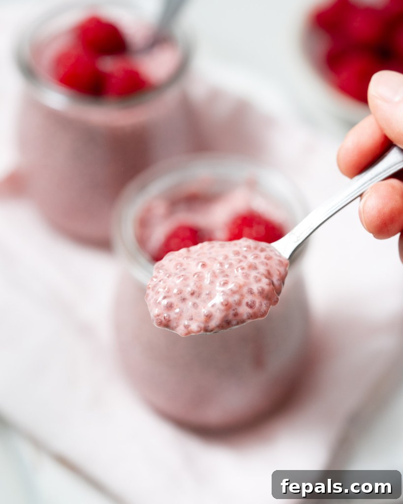 spoonful of chia pudding by the jar of chia pudding, showing its thick texture