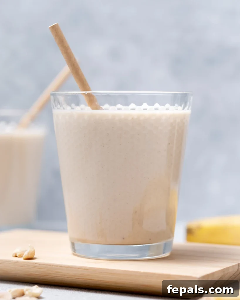 Nutty Banana Bliss Smoothie 13 side shot of cup with smoothie with spoon in cup