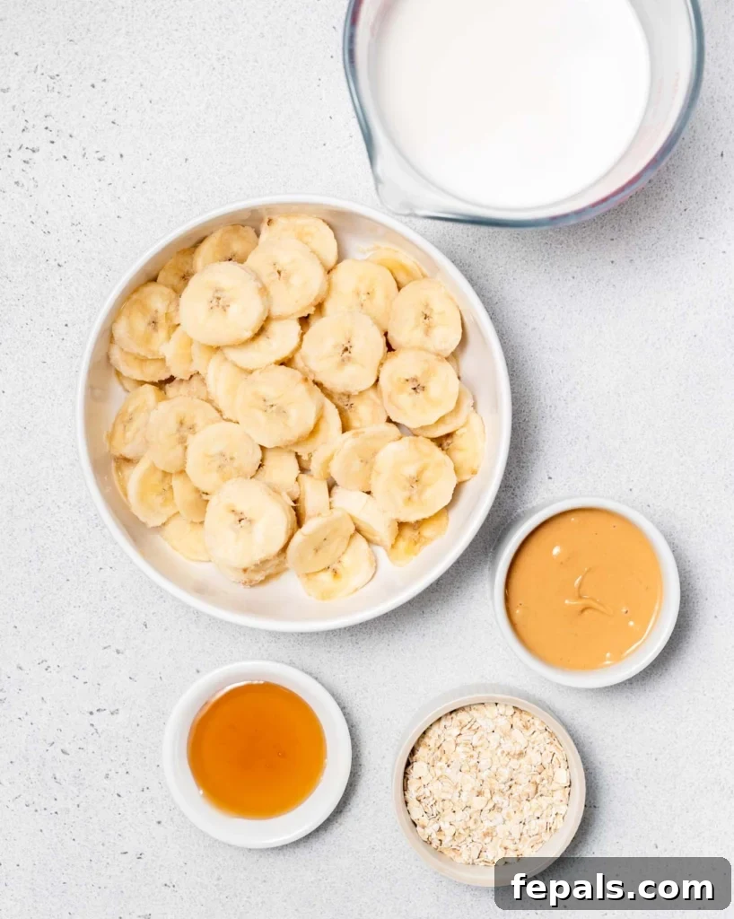 Nutty Banana Bliss Smoothie 4 Milk, banana slices, peanut butter, honey and oats divided into bowls.