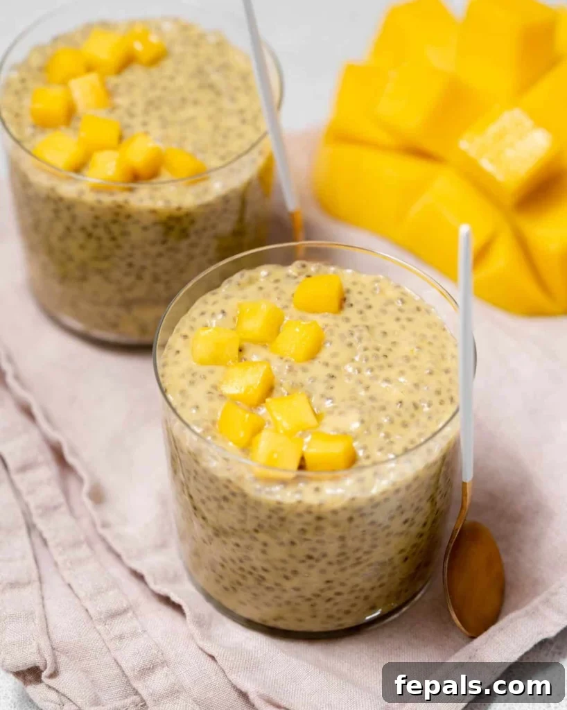 Tropical Mango Chia Bliss 2 side and top shot of two cups of mango chia pudding in a cup topped with fresh chopped mango