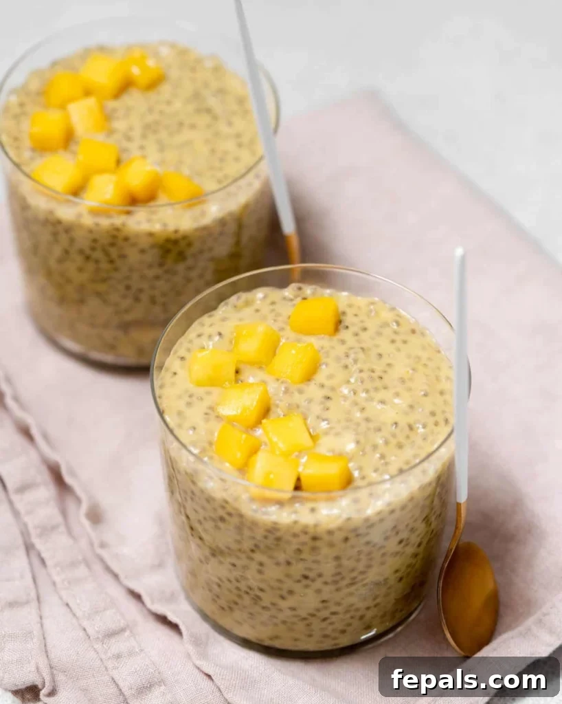 Tropical Mango Chia Bliss 15 top side shot of chia pudding in 2 cups that are mango based