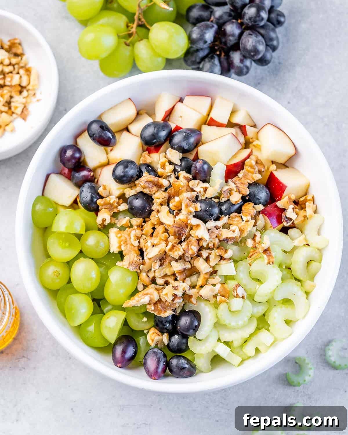 Grapes, celery, apples, and walnuts mixed in a white bowl.