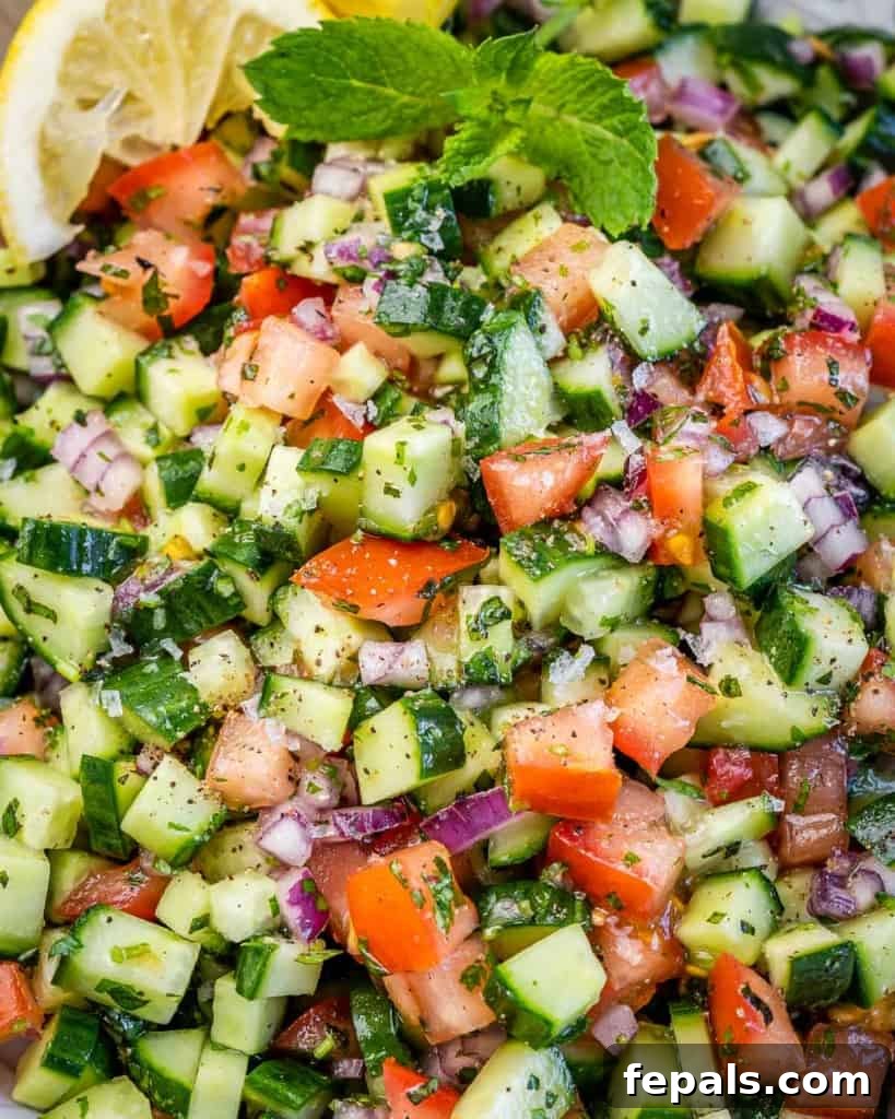 Refreshing Persian Shirazi Salad 3 Close-up view of finely chopped cucumbers, tomatoes, and red onions, showcasing the fresh ingredients for Shirazi Salad.