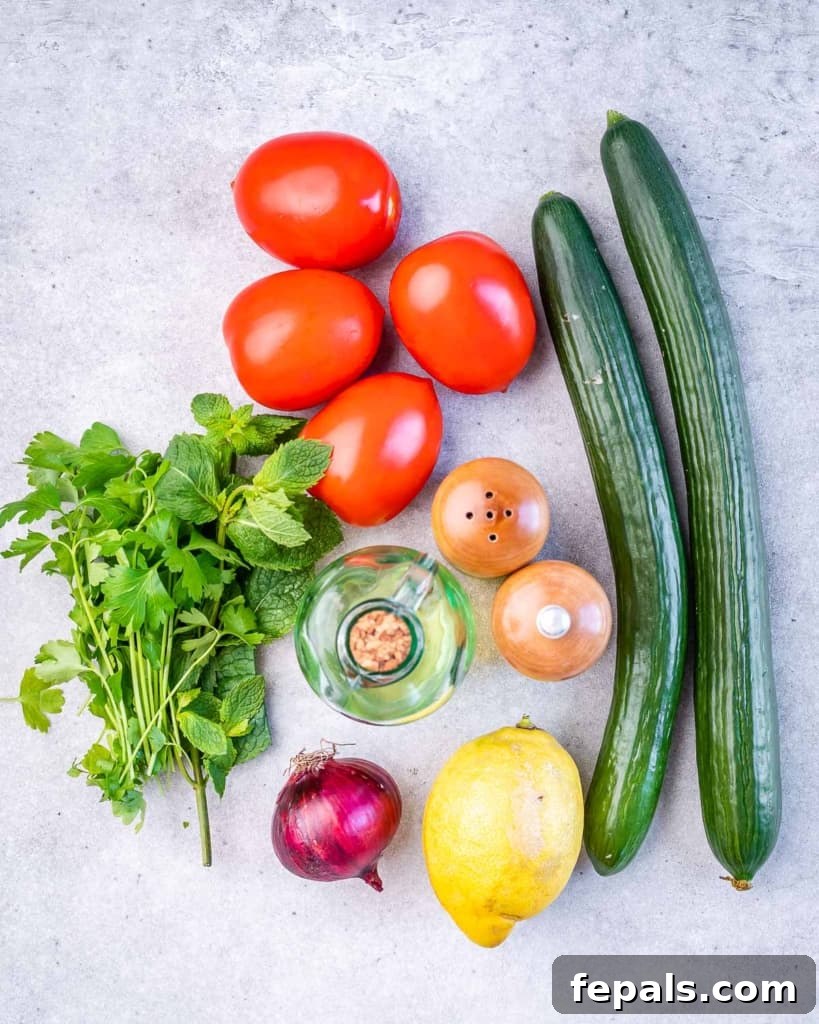 Refreshing Persian Shirazi Salad 4 A collection of fresh ingredients: English cucumbers, Roma tomatoes, red onion, fresh parsley, fresh mint, lemon, and a bottle of olive oil, neatly arranged for Shirazi Salad preparation.