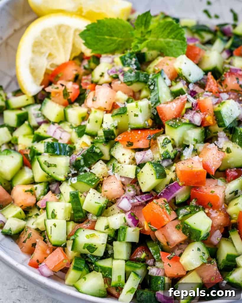 Refreshing Persian Shirazi Salad 9 Close-up side view of a bowl of Shirazi Salad, showcasing the texture and freshness of the ingredients.