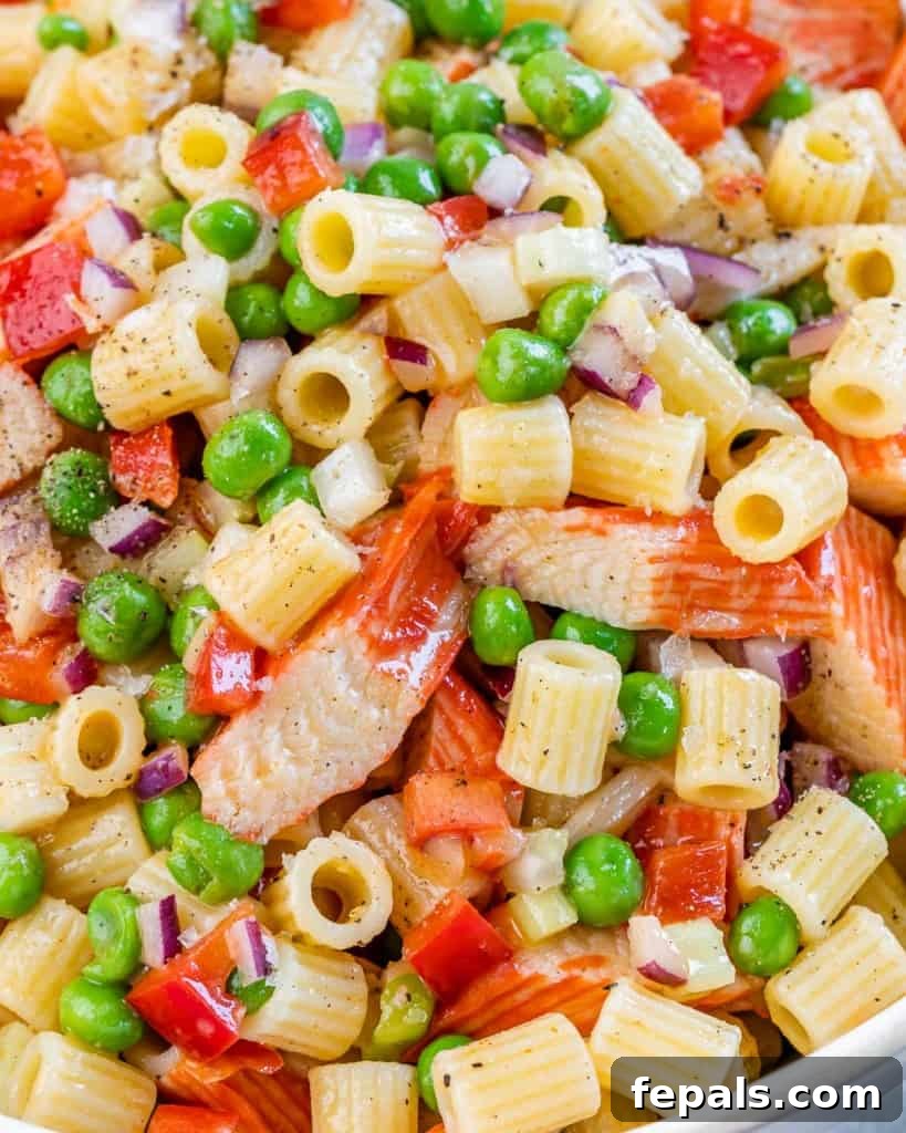Closeup of a crab pasta salad.