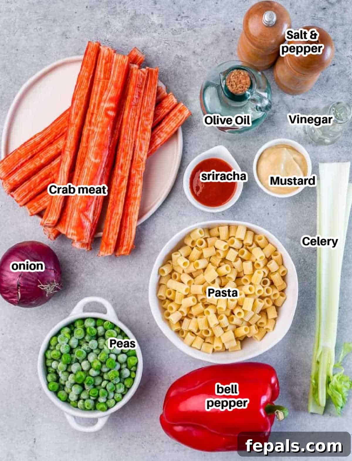 ingredients to make pasta salad with crab.
