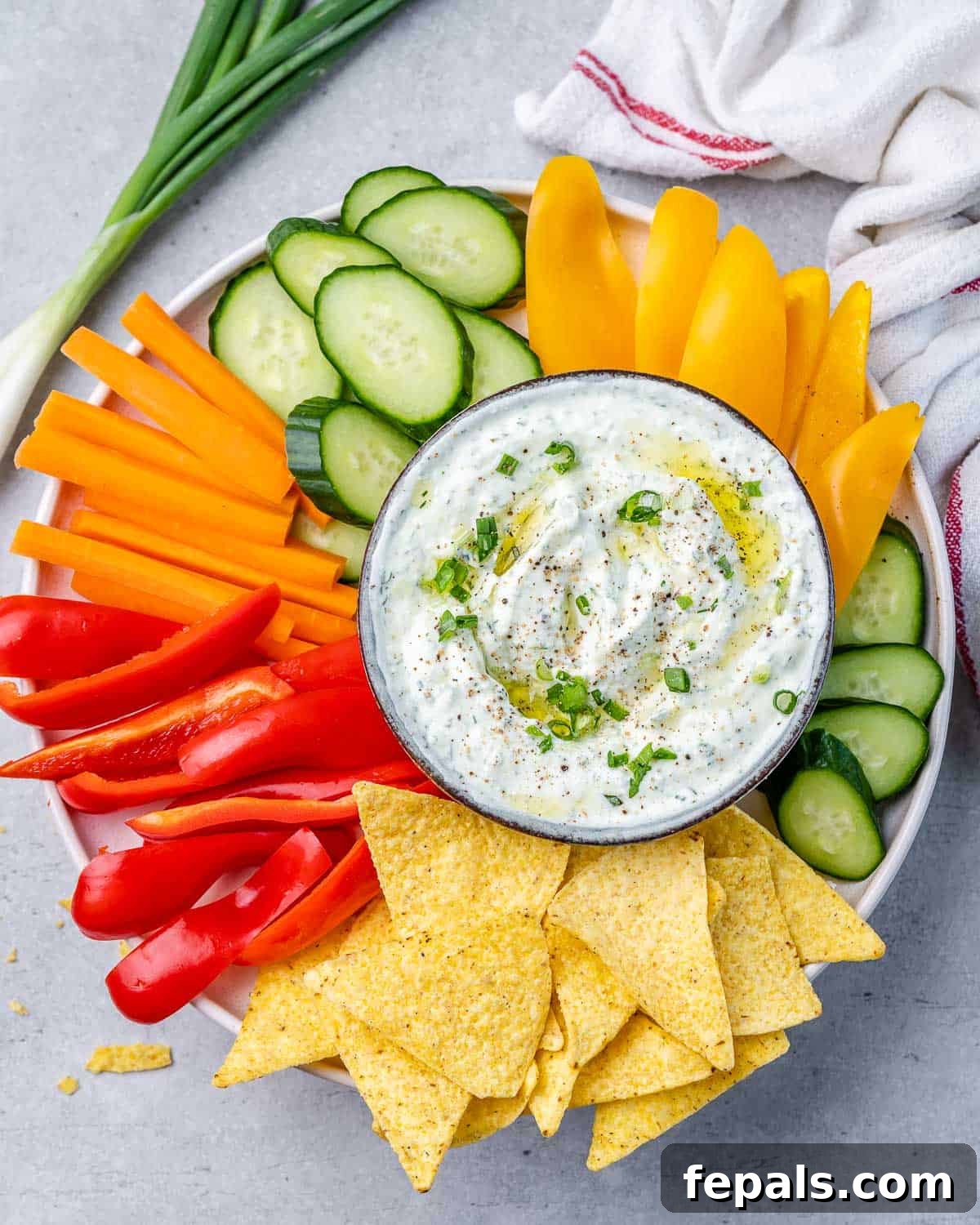 Top view of a plate with a colorful array of fresh vegetables and a central bowl of creamy, green-flecked whipped cottage cheese dip, ready for serving.