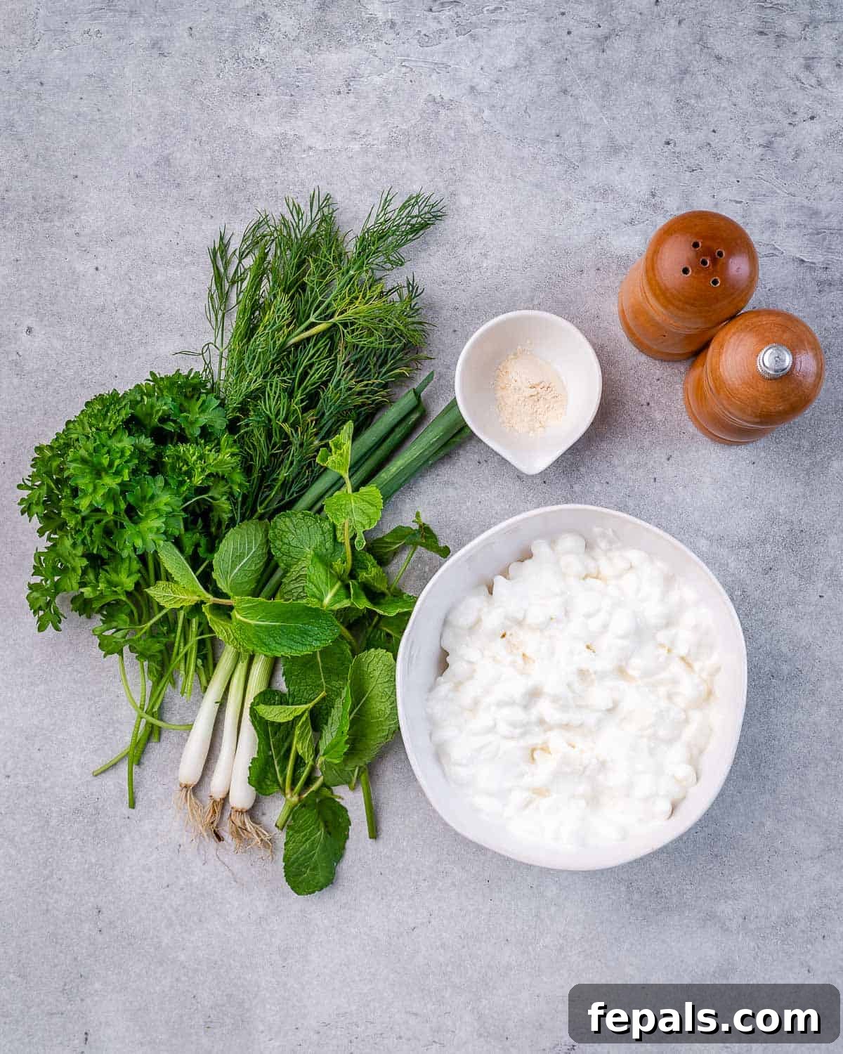 A vibrant flat lay of fresh ingredients including cottage cheese in a bowl, a bunch of fresh herbs (dill, mint, parsley), garlic powder, and salt and pepper shakers, ready for making the dip.