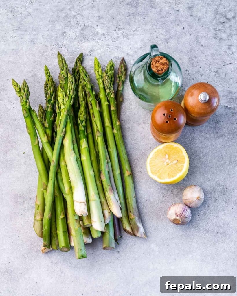 Charred Asparagus with Zesty Lemon-Garlic 4 Spears of asparagus, half a lemon, garlic and olive oil.