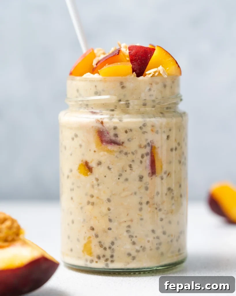 Velvet Peach Dream Oats 2 side shot of a jar with overnight oats with peaches