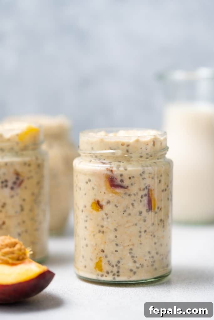 Velvet Peach Dream Oats 12 Overnight oats in glass jars.