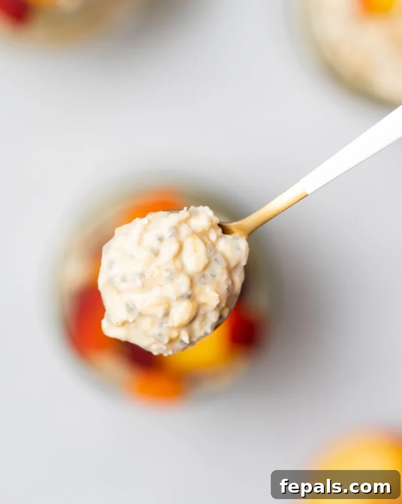 Velvet Peach Dream Oats 15 top view spoonful of overnight oats