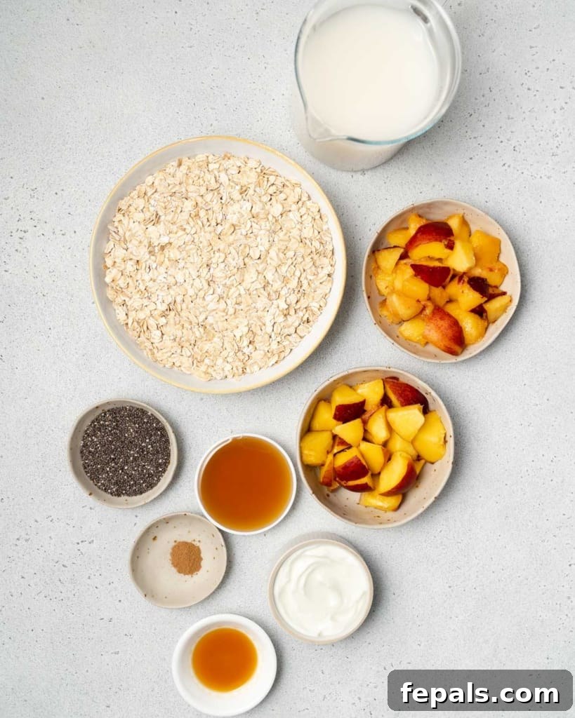 Velvet Peach Dream Oats 4 Oats, peaches, chia seeds, milk and other ingredients divided into small portions.