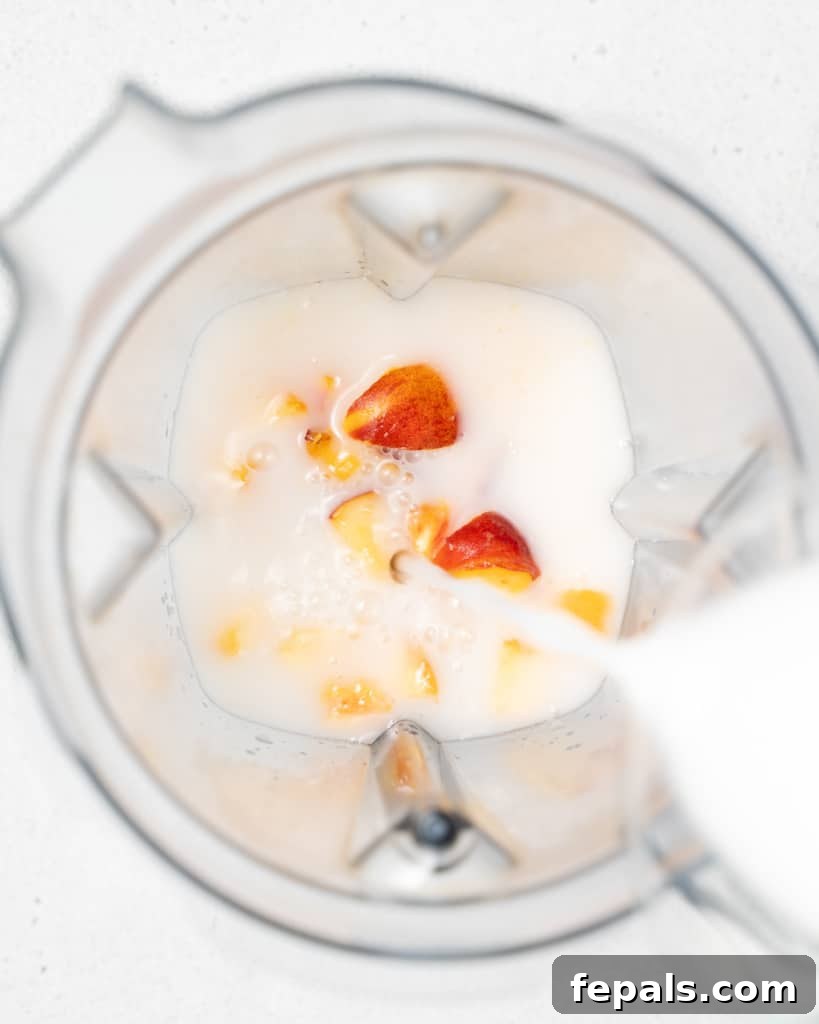 Velvet Peach Dream Oats 5 Peaches and milk in a blender.