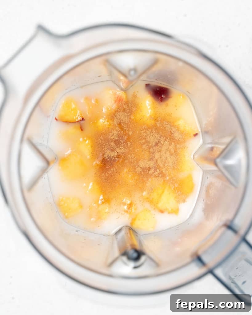 Velvet Peach Dream Oats 7 Blending milk, yogurt, honey and peaches.