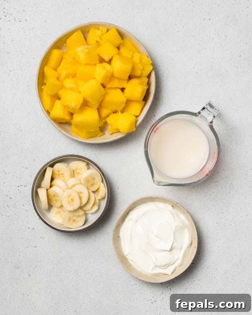 Tropical Mango Delight 4 Chunks of mango, banana slices, milk and yogurt divided into separate bowls.