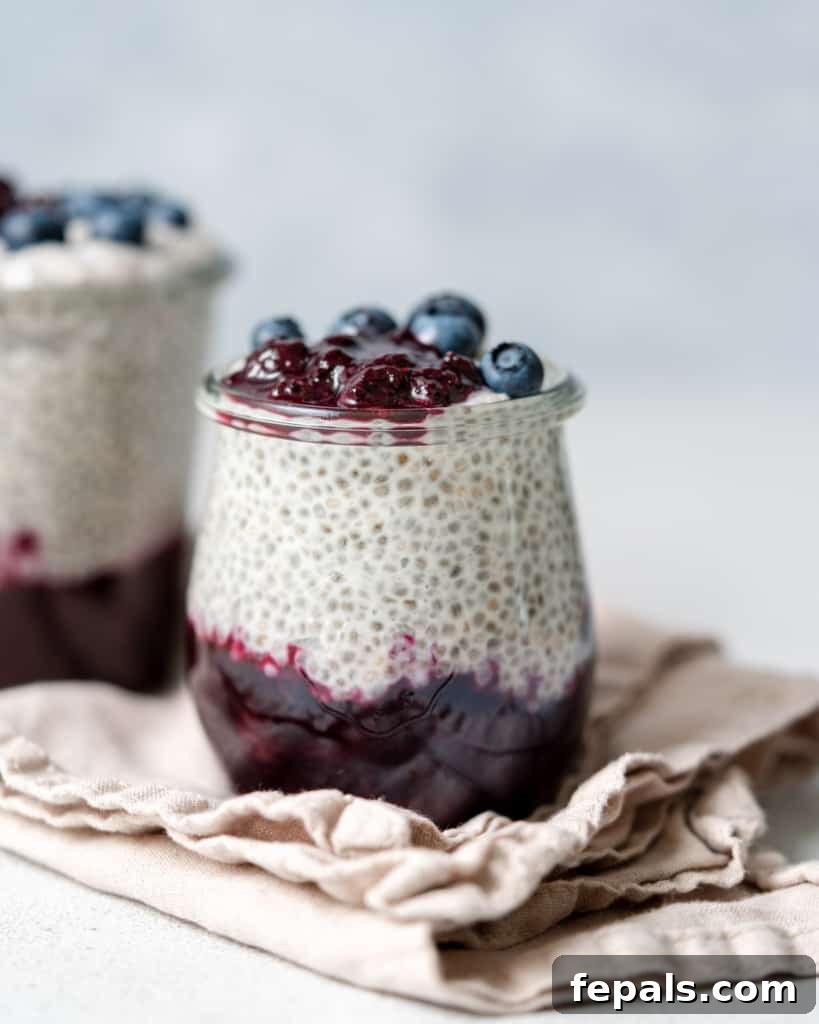 Close up side shot of chia pudding in a jar with blueberry jam at the bottom, highlighting the texture and color.