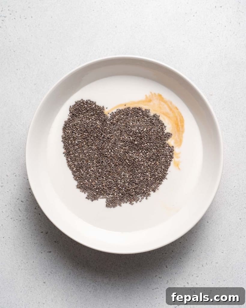 Chia seeds mixed with milk, vanilla, and honey in a white bowl, showing the initial preparation.