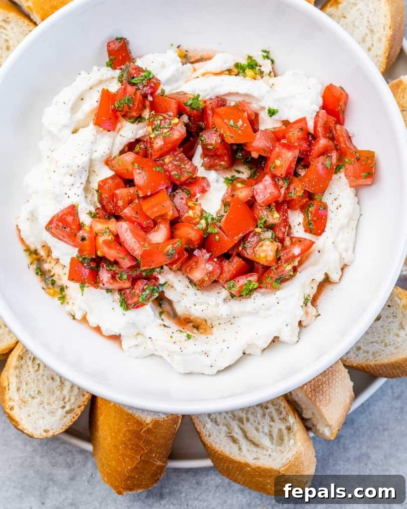 Fluffy Ricotta Dip 11 bowl of creamy whipped ricotta topped with a vibrant balsamic tomato and herb blend, ready to be enjoyed.