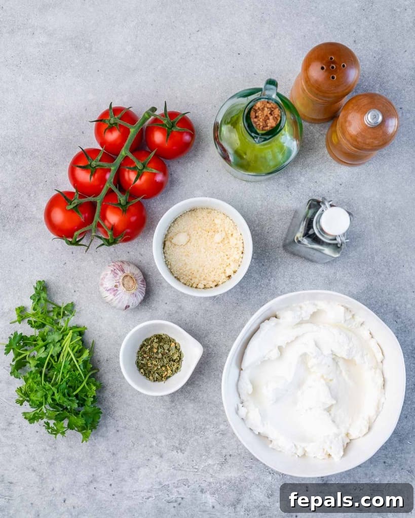 Fluffy Ricotta Dip 4 ingredients laid out to make whipped ricotta cheese dip including ricotta, parmesan, herbs, tomatoes, garlic, parsley, olive oil, and balsamic vinegar.