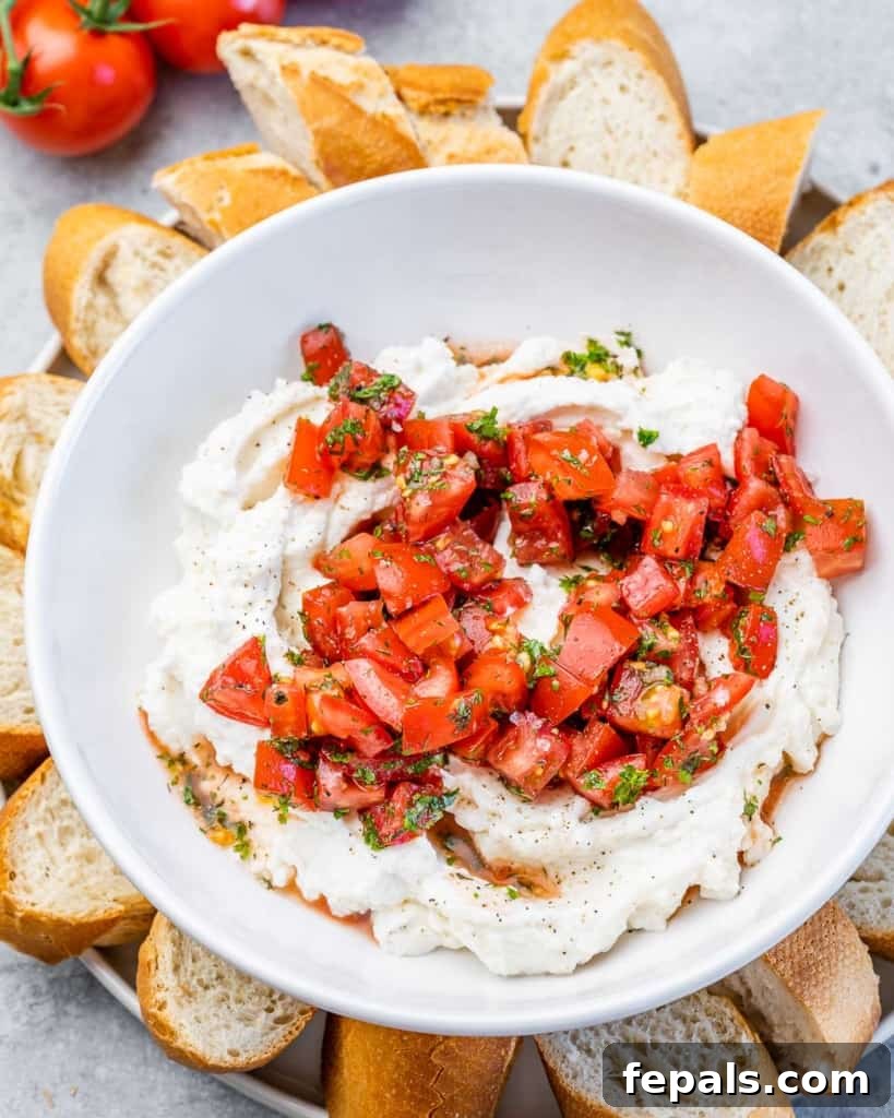 Fluffy Ricotta Dip 9 side shot of creamy ricotta cheese dip topped with a rich tomato balsamic blend, garnished with fresh herbs.