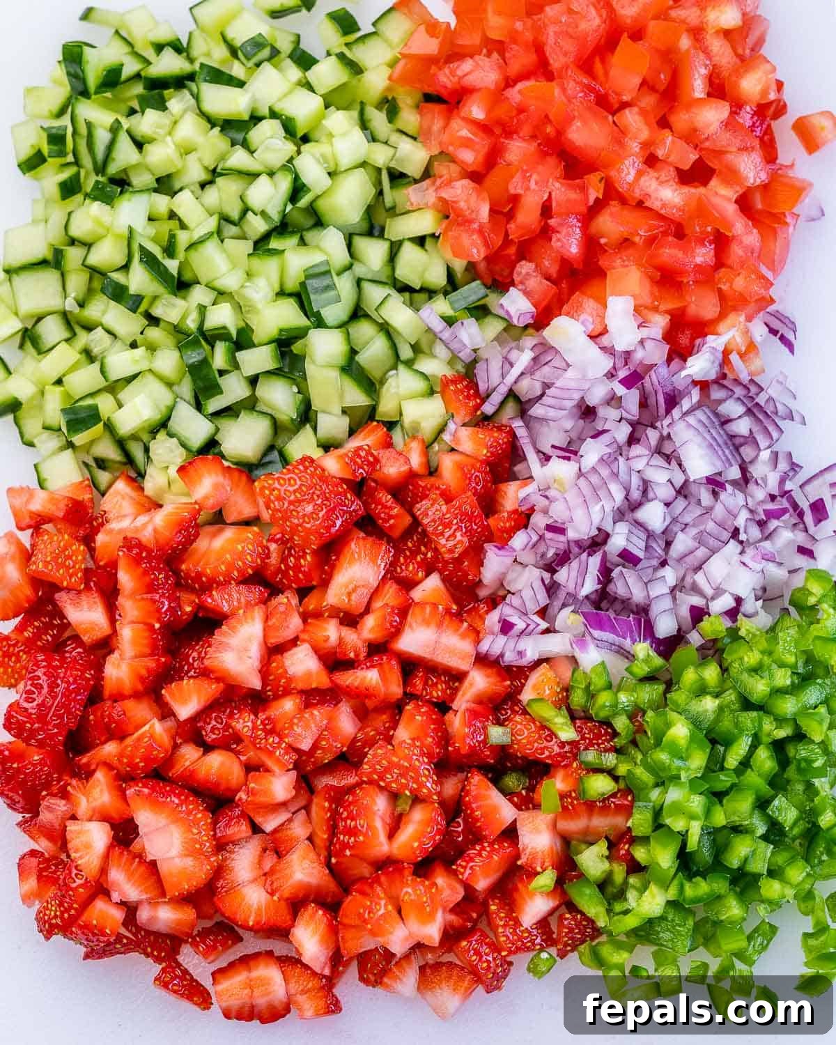 Chopped strawberries, cucumbers, red onion and tomatoes.