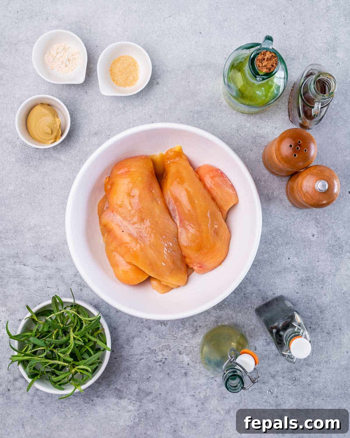 Sweet and Savory Maple Rosemary Chicken 4 Individual ingredients for maple glazed chicken: chicken breasts, fresh rosemary, maple syrup, apple cider vinegar, Dijon mustard, and spices.