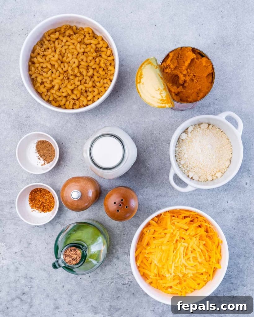 Roasted Pumpkin Mac and Cheese 4 Uncooked pasta, shredded cheese, olive oil, pumpkin puree, milk and spices.