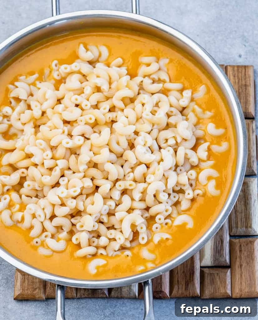Roasted Pumpkin Mac and Cheese 7 Adding pasta into cheese sauce.