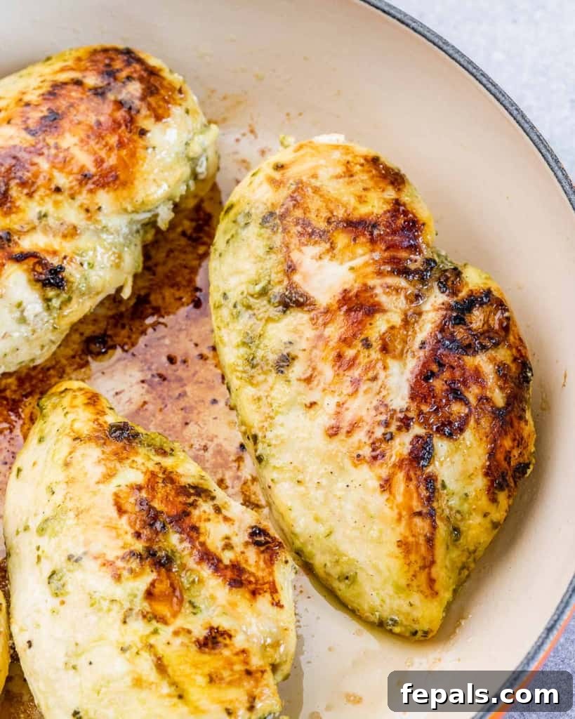 Pesto Perfection Chicken 6 pesto chicken breast sauteed in a pan