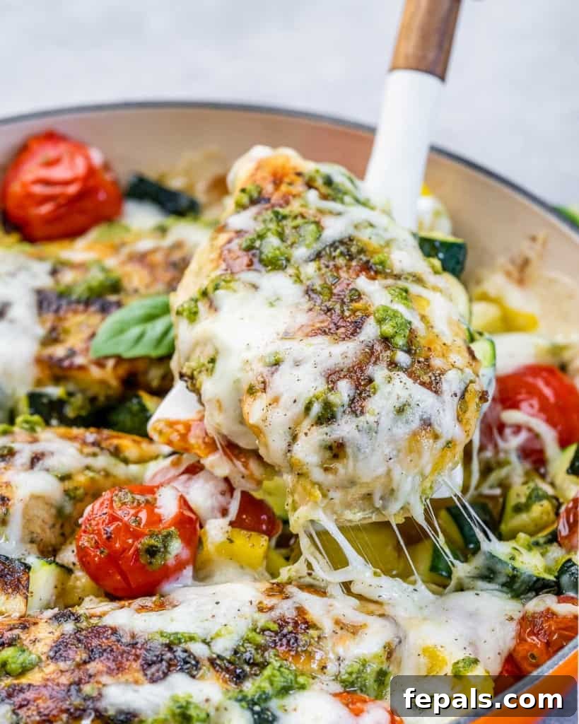 Pesto Perfection Chicken 7 spoon taking out a baked pesto chicken breast topped with melted cheese from skillet