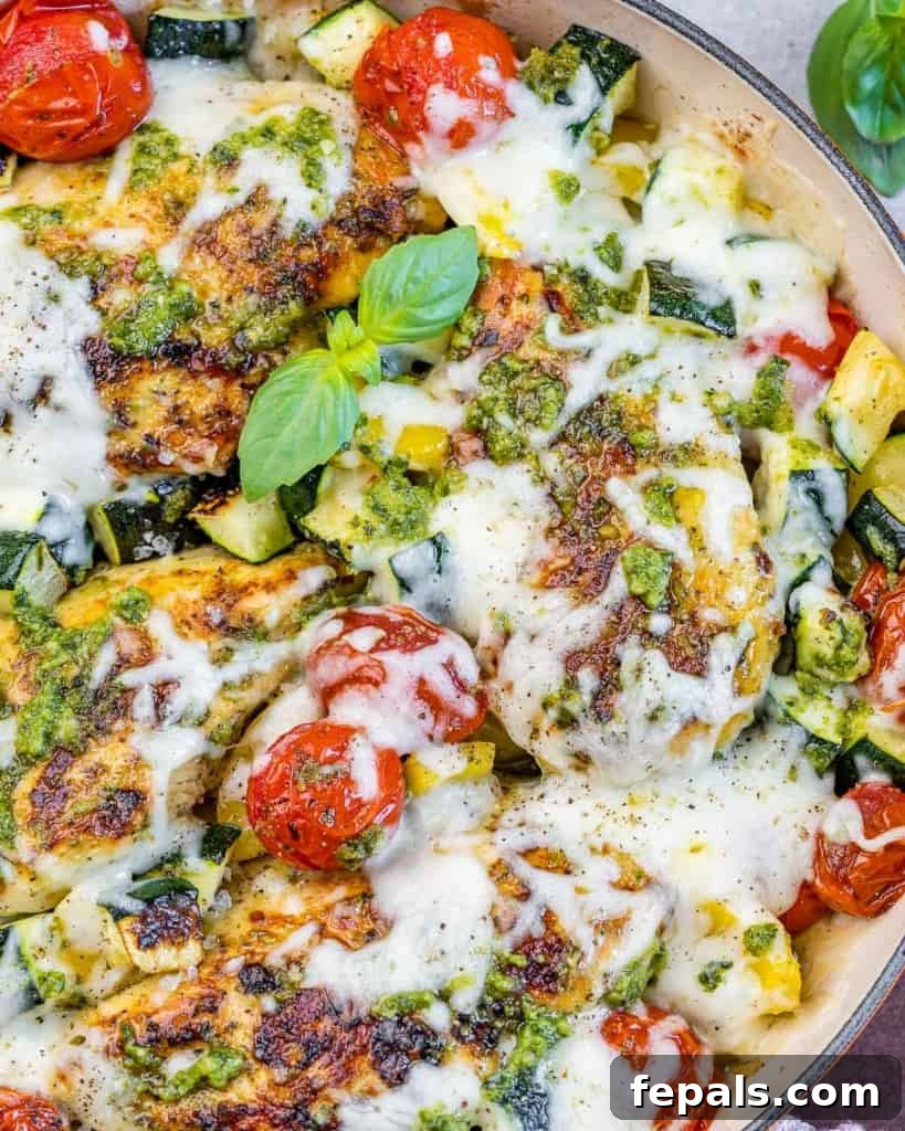 Pesto Perfection Chicken 8 close up baked chicken breast in a skillet with melted cheese and fresh tomatoes