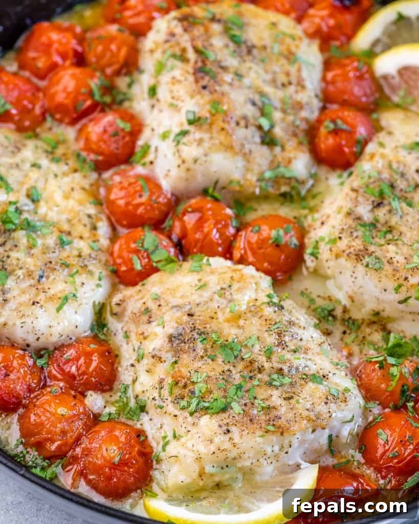 Bright Lemon Garlic Cod Bake 8 close up view of baked cod fillets with blistered tomatoes in a pan