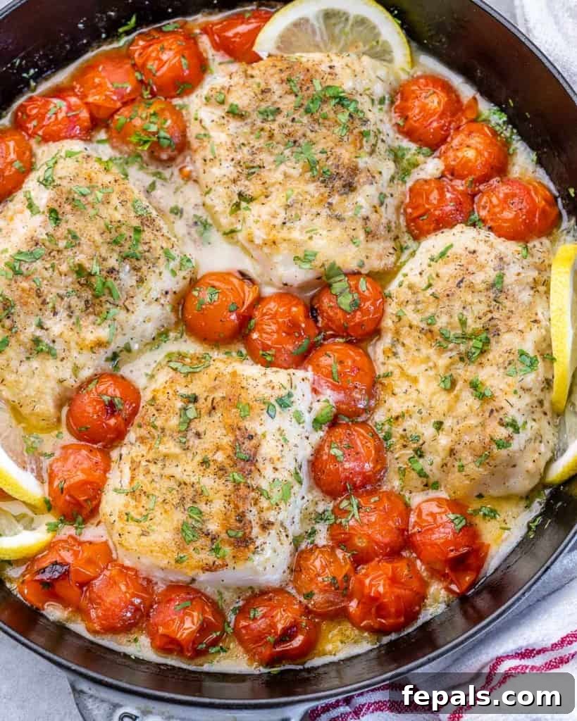 Bright Lemon Garlic Cod Bake 9 close up image of 4 baded cod fillets on a black pan with lemon garnished and cooked cherry tomatoes around the cods